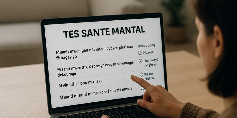 Moun k ap fè yon tès sante mantal sou òdinatè
